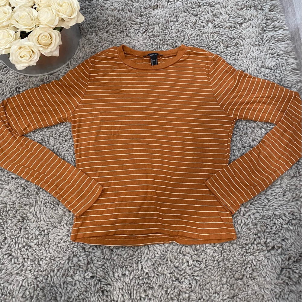 Forever 21: Orange With White Stripes Long Sleeve Size: Large